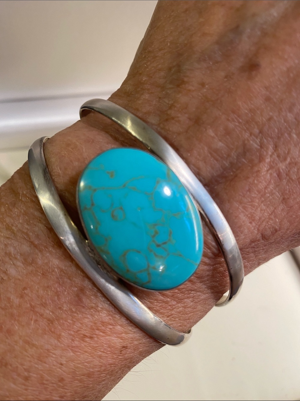 Vintage Mexico 925 Sterling Silver Turquoise Cuff Bracelet Modernist Statement
